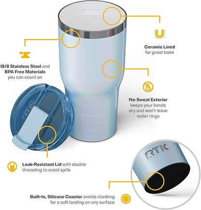RTIC 30oz Essential Tumbler with Lid, Insulated, Stainless Steel, Metal, Double Wall Vacuum-Insulation, Ceramic Lined, Travel Cup for Iced Coffee, Tea, Hot and Cold Drink, RTIC Ice Glitter