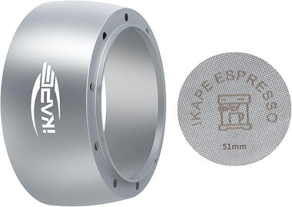 IKAPE Magnetic Dosing Funnel Set, 51MM Espresso Dosing Ring & Puck Screen Kit Compatible with Delonghi 51MM Bottomless Portafilter - with 8 Small Magnet (Silver)