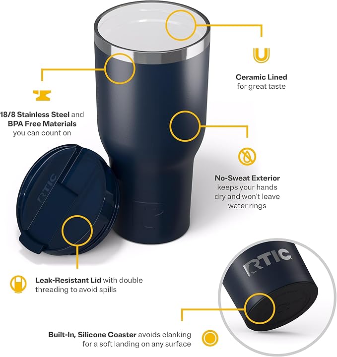 RTIC 40oz Essential Tumbler with Lid, Insulated, Stainless Steel, Metal, Double Wall Vacuum-Insulation, Ceramic Lined, Travel Cup for Iced Coffee, Tea, Hot and Cold Drink, Navy