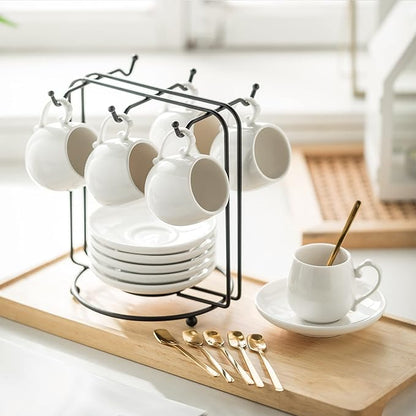 LYEOBOH Espresso Cups with Saucers Set, 3 Ounces Coffee Cups with Metal Stand and Spoons, Ceramic Cappuccino Coffee Cups Demitasse Cups for Espresso, Latte, Cafe Mocha and Tea, Set of 6, White