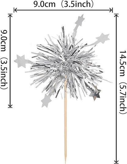 30 PCS Foil Firework Cupcake Toppers Star Cupcake Picks Sparkle Tinsel Flower Drink Stirrers Cocktail Food Fruit Toothpicks for Valentine's Day Birthday Party Cake Decorations Supplies Silver