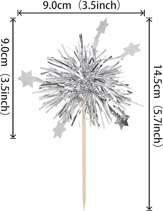 30 PCS Foil Firework Cupcake Toppers Star Cupcake Picks Sparkle Tinsel Flower Drink Stirrers Cocktail Food Fruit Toothpicks for Valentine's Day Birthday Party Cake Decorations Supplies Silver