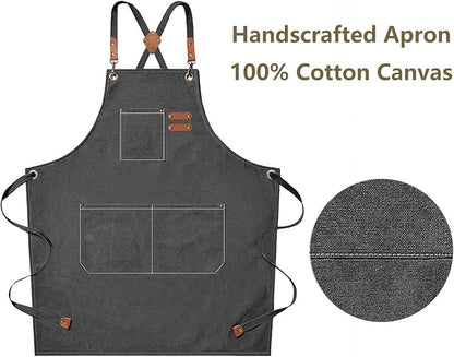 AFUN Chef Aprons for Men Women with Large Pockets, Cotton Canvas Cross Back Heavy Duty Adjustable Work Apron, Size M to XXL(Grey)