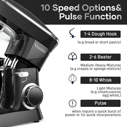 9.5 Qt Stand Mixer, 10-Speed Tilt-Head Food Mixer, Vezzio 660W Kitchen Electric Mixer with Stainless Steel Bowl, Dishwasher-Safe Attachments for Most Home Cooks(Black)