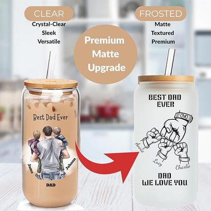 Mason Life Personalized Glass Cup with Name-Can Shaped Glass with Lids and Straws-18OZ Iced Coffee Cups (DAD)