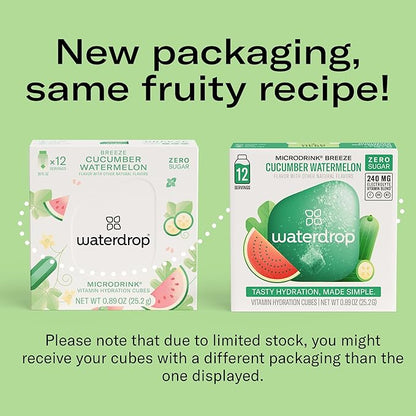Waterdrop Hydration Cubes with Vitamin C, B Vitamins, and Electrolytes, Cucumber Watermelon Flavor, Flavored Water Enhancer Cubes for Still & Sparkling Water, Low Calorie, Sugar Free, 48 Count