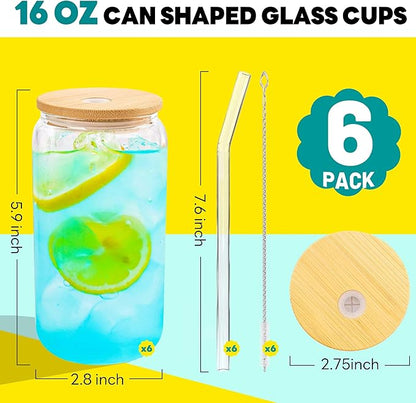Joyclub Glass Cups with Bamboo Lids and Straws 6 Set 16 oz Reusable Iced Coffee Cup Beer Can Drinking Jars for Smoothie Whiskey Boba Soda Tea Gift