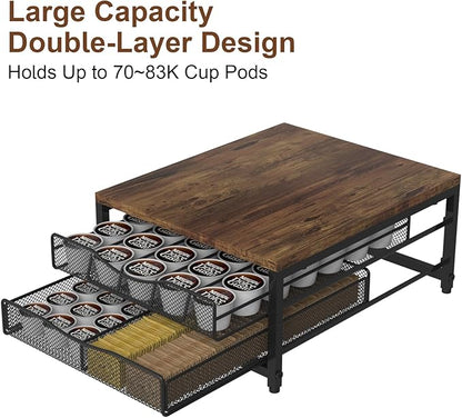Coffee Pod Holder For Counter, Wooden K Cup Holder with Sliding Drawer, Large Capacity Coffee Pod Storage for Coffee Station, Home, Office, Kitchen