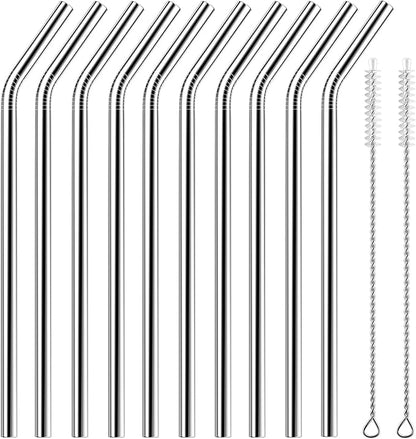 Set of 10 Stainless Steel Straws, HuaQi Bent Reusable Drinking Straws 10.5'' Long 0.24‘’ Dia for 30 oz Tumbler and 20 oz Tumbler, 2 Cleaning Brush Included (10 Bent Staw + 2 Brushes）