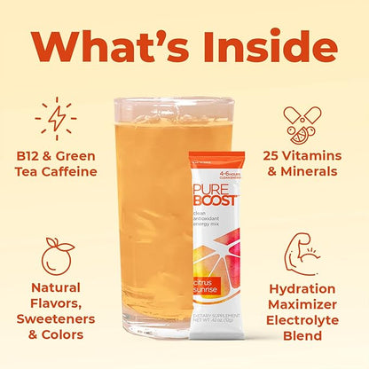 Pureboost Clean Energy Booster, Refreshing Energy Drink Mix with B12 Vitamins, Electrolytes, Antioxidants, Sugar-Free with No Sucralose (Citrus Sunrise, 30 Count)