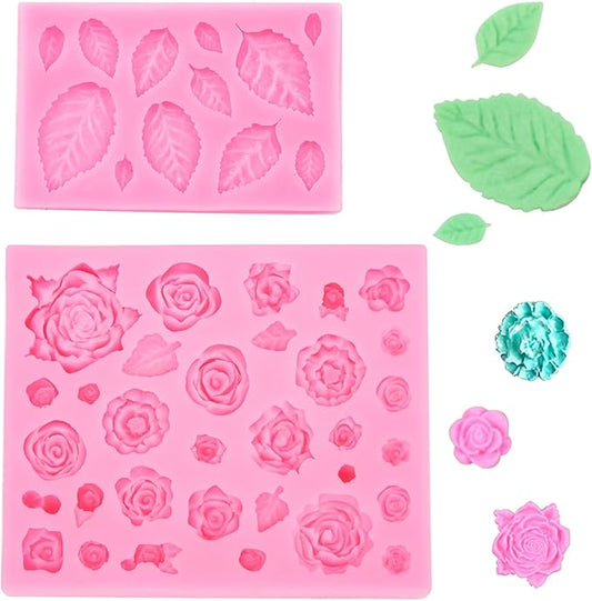 2 Pcs Rose Flowers and Leaves Chocolate Fondant Candy Silicone Molds for Cupcake Toppers, Crafting Projects, Wedding and Birthday Cake Decoration