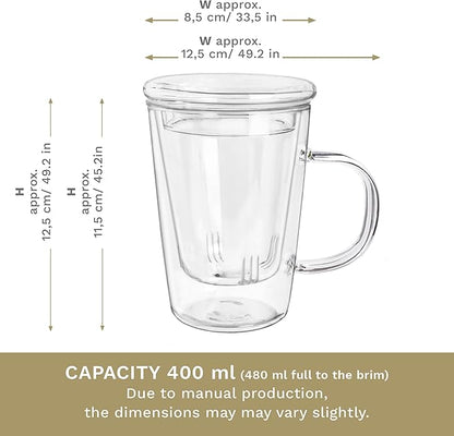 Creano Tea Glass 400 ml – Large Tea Cup with Strainer and Glass Lid – An ideal Tea Maker