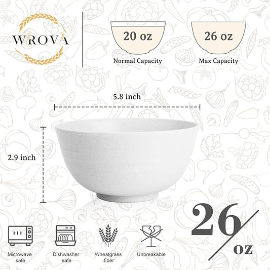 Wheat Straw Camping Bowls Sets of 6,Unbreakable 26oz Lightweight Bowls Sets for Outdoors Activity,Breakfast Bowls for Cereal and Salad.White Series
