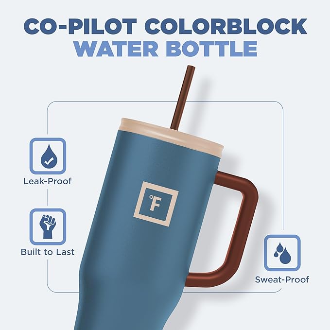 IRON °FLASK Co-Pilot Insulated Mug w/Boot, Straw & Flip Cap Lids - Cup Holder Bottle for Hot, Cold Drink - Leak-Proof - Water, Coffee Portable Travel Mug - Desert Oasis, 40 Oz
