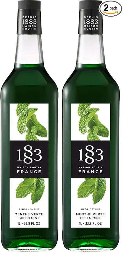 1883 Green Mint Syrup for Drinks, Made in France, 1 Liter Plastic Bottle (Pack of 2)