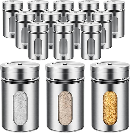 Dandat 12 Pcs Salt and Pepper Shakers Stainless Steel Spice Shakers with Adjustable Pour Holes and Glass Window 3.4oz Salt Dispenser Spice Jars with Rotating Lids for Sugar Seasoning Home