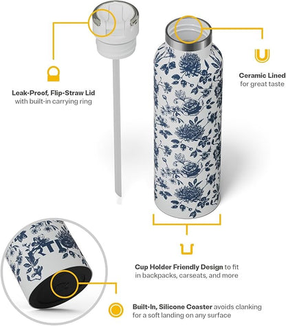 RTIC 20oz Journey Bottle Metal Stainless Steel Vacuum Insulated, BPA Free, Reusable, for Water, Hot and Cold Drinks, Travel, Sports, Camping, Blue Bouquet