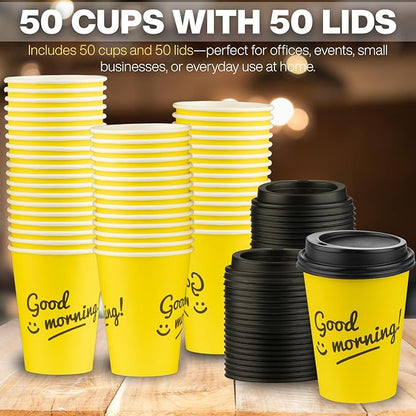 Smygoods Disposable Coffee Cups with Lids, To Go Paper Hot Cups, Good Morning Design (12 OZ, 50 Count) For Hot Beverages, Coffee, Tea, Espresso, Cocoa - Vasos Para Cafe