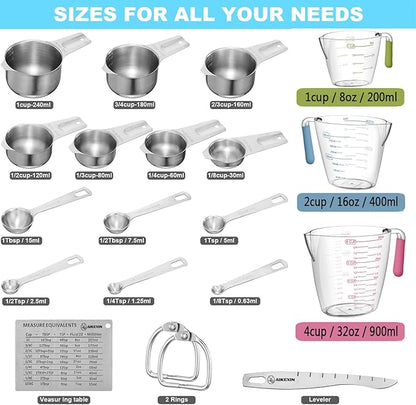 20-Piece Measuring Cups and Spoons Set, Nesting Stainless Steel Measuring Cups Spoons with Plastic Measuring Cup for Dry and Liquid Ingredients, Kitchen Cooking & Baking Gadgets