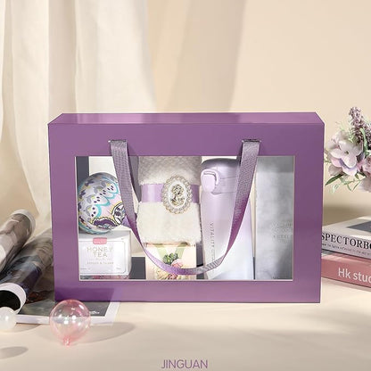 Large Purple Clear Gift Boxes, 13.5x9x4.1 Inches Gift Boxes with Windows by Handles, Bridesmaid Proposal Boxes, Collapsible Gift Boxes with Magnetic Closure (Glossy Purple, 5 Pack)