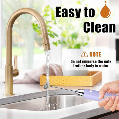 Nahida Light Purple Milk Frother Wand for Coffee, Frother Handheld Rechargeable Electric Whisk with 3 Heads 3 Speeds Drink Mixer Coffee Frother Foam Maker For Latte, Cappuccino, Hot Chocolate, Egg