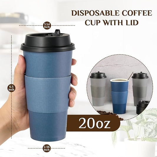 LITOPAK 100 Pack 20 oz Disposable Paper Coffee Cups with Lids, Sleeves and Stirring Sticks for Hot Coffee, Water or Juice, Blue and Gray Hot Paper Cups for Cafes, schools, offices, shops