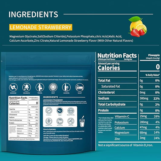 Electrolytes Powder Packets, 30 Sticks Hydration Packets Sugar Free, Electrolyte Drink Mix Portable Electrolyte Packets for Rapid Hydration, 0 Sugar & 0 Calorie, Lemon & Strawberry Flavor