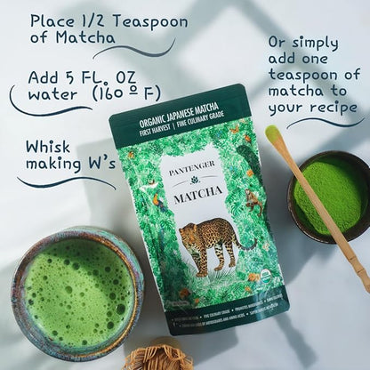 Organic Matcha Green Tea Powder | 3.5 OZ - 80 Servings | Latte & Smoothie Grade | Japanese - First Harvest - Stone Milled | By Pantenger