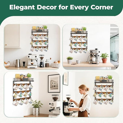 EsLuker.ly Coffee Mug Holder Wall Mounted Display Rack, Black Metal Cup Hanger Organizer with 12 Movable Plastic Hooks, Wood Rustic Shelf for Coffee Bar Home Kitchen, Thoughtful Wall Storage