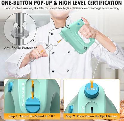 Electric Hand Mixer with Stainless Steel Whisk, Dough Hook Attachment and Storage Bag, Handheld Mixer for Baking Cakes, Eggs, Cream Food Mixers. Turbo Boost /5 Speed Kitchen Blender GREEN