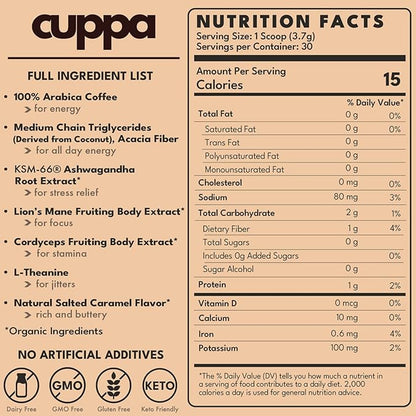 Cuppa Salted Caramel Healthy Mushroom Insant Coffee with Lion's Mane & Ashwagandha for All Day Energy & Focus - No Crash or Jitters - Nootropics for Brain Health, Gut Health, Immunity, Stress, Memory + Mood - 60 Servings
