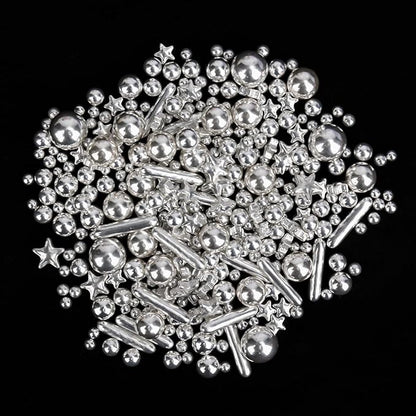 Twisweet Silver Pearl Rods Star Sprinkles, Edible Sugar Sprinkles for Cake Decorating, Mix Size Candy Pearls for Baking Cake Topper Ice Cream Cupcake Cookie Dessert Decorations, Wedding Valentines Birthday Christmas Easter Supplies (130g/4.58oz)