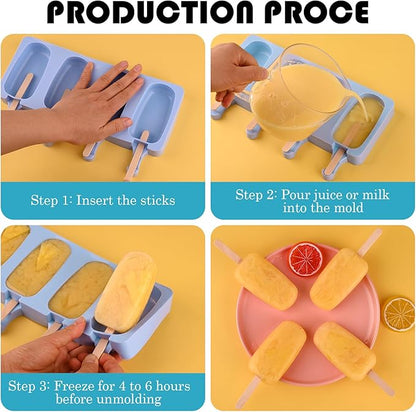 Sakolla Silicone Popsicle Molds Set of 3, Large Oval 4 Cavities Homemade Ice Pop Molds with 150 Wooden Sticks for Ice Cream, Cakesicles, Cake Pop (Blue)