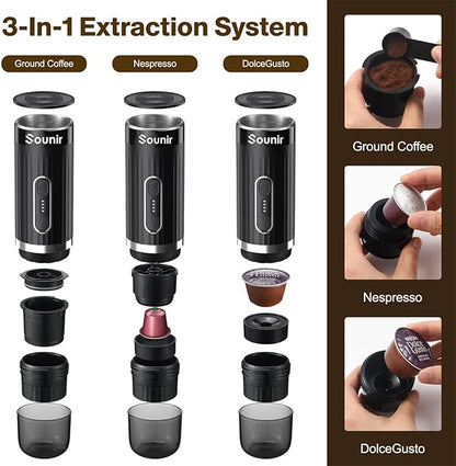 Portable Espresso Machine, Travel Coffee Maker for Camping, Outdoor, Office, Self Heating Type C Charger, NS Capsule & Ground Coffee, For Travel, Outdoor, Hiking, Office,(Dark Grey)