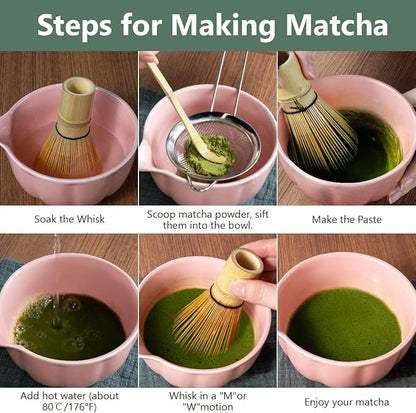 Pink Matcha Kit, 7 Pcs Matcha Whisk Set Includes Matcha Bowl with Spout, Bamboo Whisk, Chasen Holder, Sifter, Scoop and Rest, Tea Towel, Matcha Making Kit Tools for Family/Friend