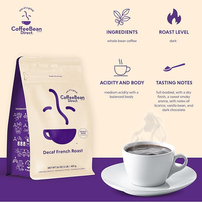 Coffee Bean Direct Decaf French Roast Blend, Whole Bean Coffee, Dark Roast, 1 Pound Bag (Pack of 1)