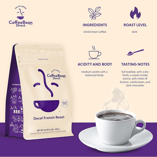 Coffee Bean Direct Decaf French Roast Blend, Whole Bean Coffee, Dark Roast, 1 Pound Bag (Pack of 1)