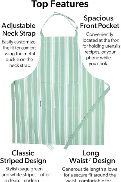 AMOUR INFINI Cotton Striped Aprons for Women with Pockets - Adjustable Strap and Waist Ties Printed Apron for Baking, Cooking, Gardening (27.5 x 33 Inches - Sage Green)