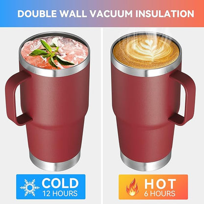 VEGOND 20 oz Tumbler with Handle Lid and Straw, Stainless Steel Insulated Travel Coffee Mug Spill Proof Double Wall Metal Tumbler Cup Keeps Drink Hot and Cold, Wine Red 1 Pack