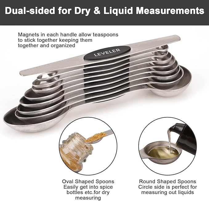 Aovchei 9 PCS Magnetic Measuring Spoons Set, Dual Sided, Stainless Steel Small Tablespoon, Teaspoons, Fits in Spice Jars, for Dry and Liquid, Black