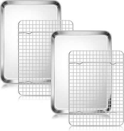 Quarter Sheet Pan with Wire Rack Set (2 Baking Sheets+2 Racks), Homikit Stainless Steel Baking Tray with Grid Cooling Rack for Toaster Oven Roasting, Metal Bacon Cookie Jelly Roll Pan, 12" x 10" Inch