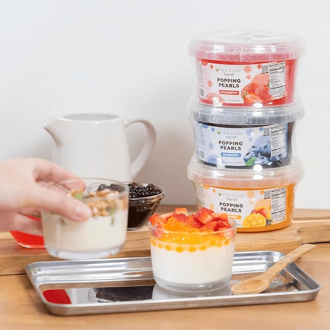 Tea Zone 3 Flavors Popping Pearls Combo, Strawberry, Mango, Blueberry Bursting Pearls for Teas, Shakes, Smoothies, Dessert Toppings