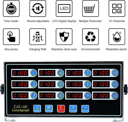 Kitchen Timers for Cooking, 12 Channel, Commercial Grade, Stainless Steel, LED Digital, Loud Alarm