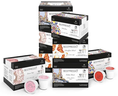 Bestpresso Coffee, Variety Pack Single Serve K-Cup Pods, 96 Count. Includes Breakfast, Colombian, Donut and Italian (Compatible With 2.0 Keurig Brewers) 8 Packs Of 12 Cups