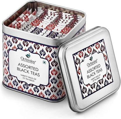 Octavius Tea Variety Pack | 3 Assorted Black Teas – Indian Masala, Darjeeling & English Breakfast | Strong CTC Tea for Milk | 25 Tea Bags Each | Pack of 6 | Rich & Malty Flavor