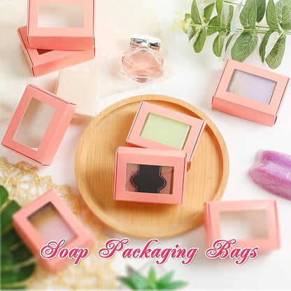 Zonon 30 Pcs Soap Boxes for Homemade Packaging, Mini Kraft Treat Boxes with Window for Bakery Candy Soap Making Gift Packaging(3.5 x 2.4 x 1.2 Inch,Pink)