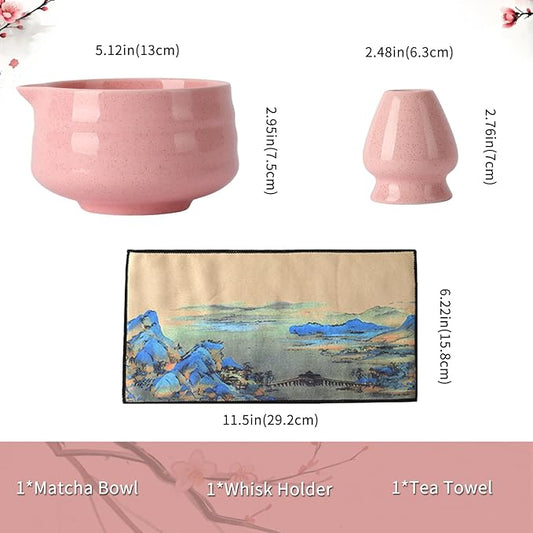 Japanese Ceramic Matcha Bowl - 16oz Speckle Glaze Chawan & Whisk Stand for Perfect Froth, Dishwasher Safe Pink