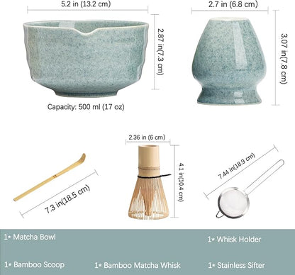 Matcha Set, Matcha Whisk Set Includes Matcha Bowl, Matcha Whisk Holder, Bamboo Matcha Whisk, Scoop and Matcha Sifter, 17 oz Mottled Blue Glaze Ceramic Matcha Kit for Tea Lovers
