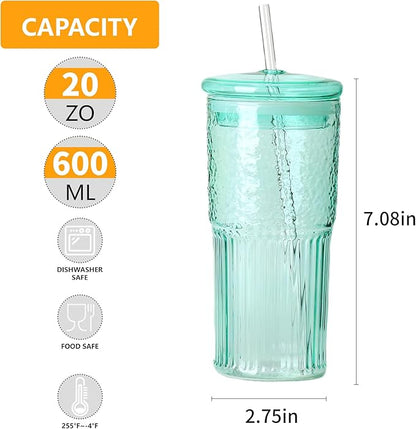 20 OZ Glass Cup with Lids and Glass Straws, High Borosilicate Iced Coffee Glass Tumblers with Lid and Straw for Drinks, 2pcs Reusable Wide Mouth Smoothie Cup(Cyan)