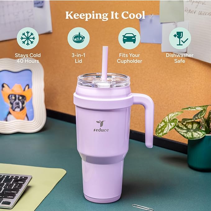 REDUCE 40 oz Stainless Steel Tumbler with Handle - Dual-Wall Vacuum Insulated Travel Mug, Sweat-Proof Lid & Reusable Straw - Keeps Drinks Cold for 24 Hrs, Fits Cupholders, Dishwasher Safe - Palm Leaf